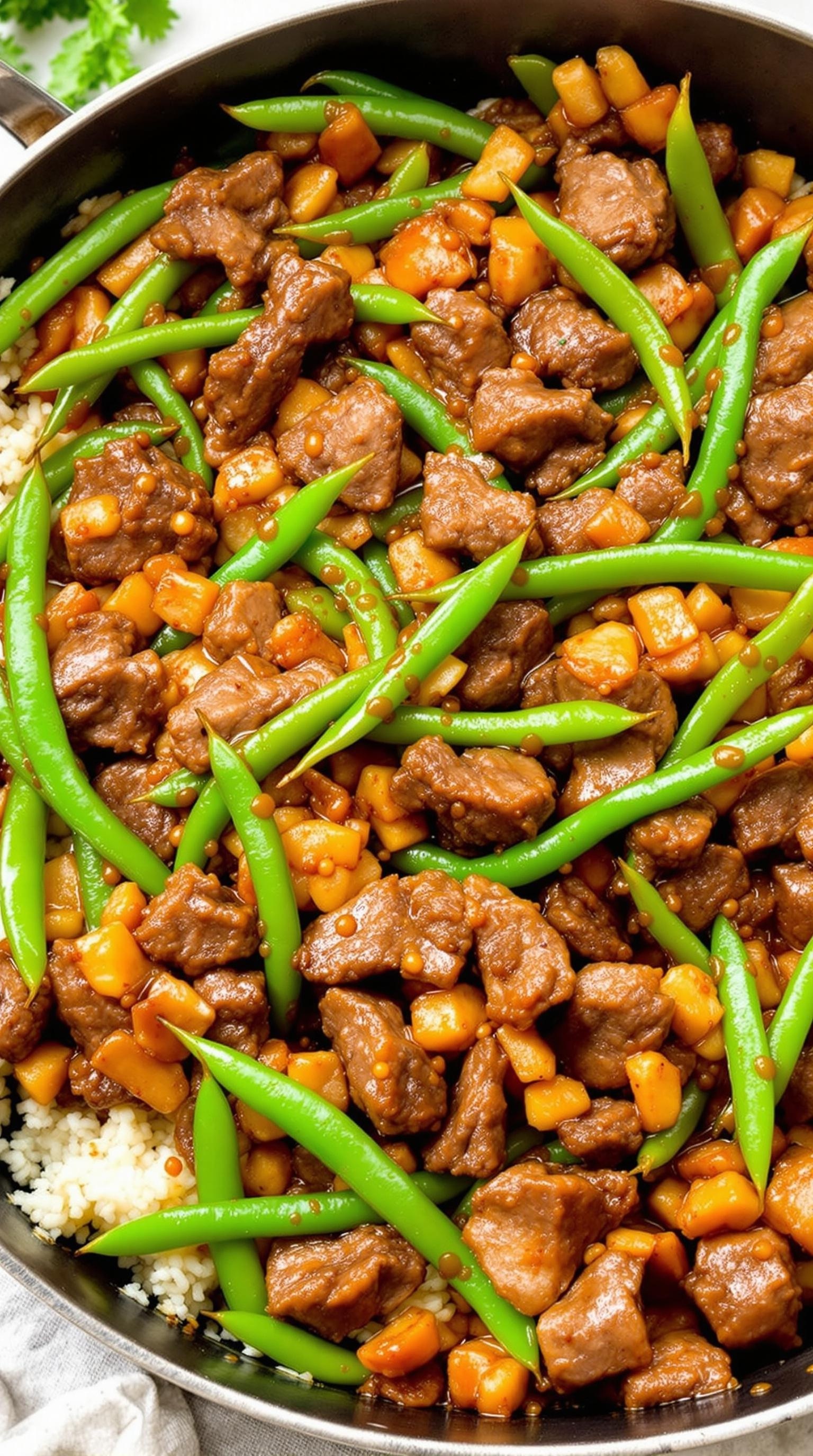 A colorful one-pan beef and green bean stir-fry with pineapple, served over rice.