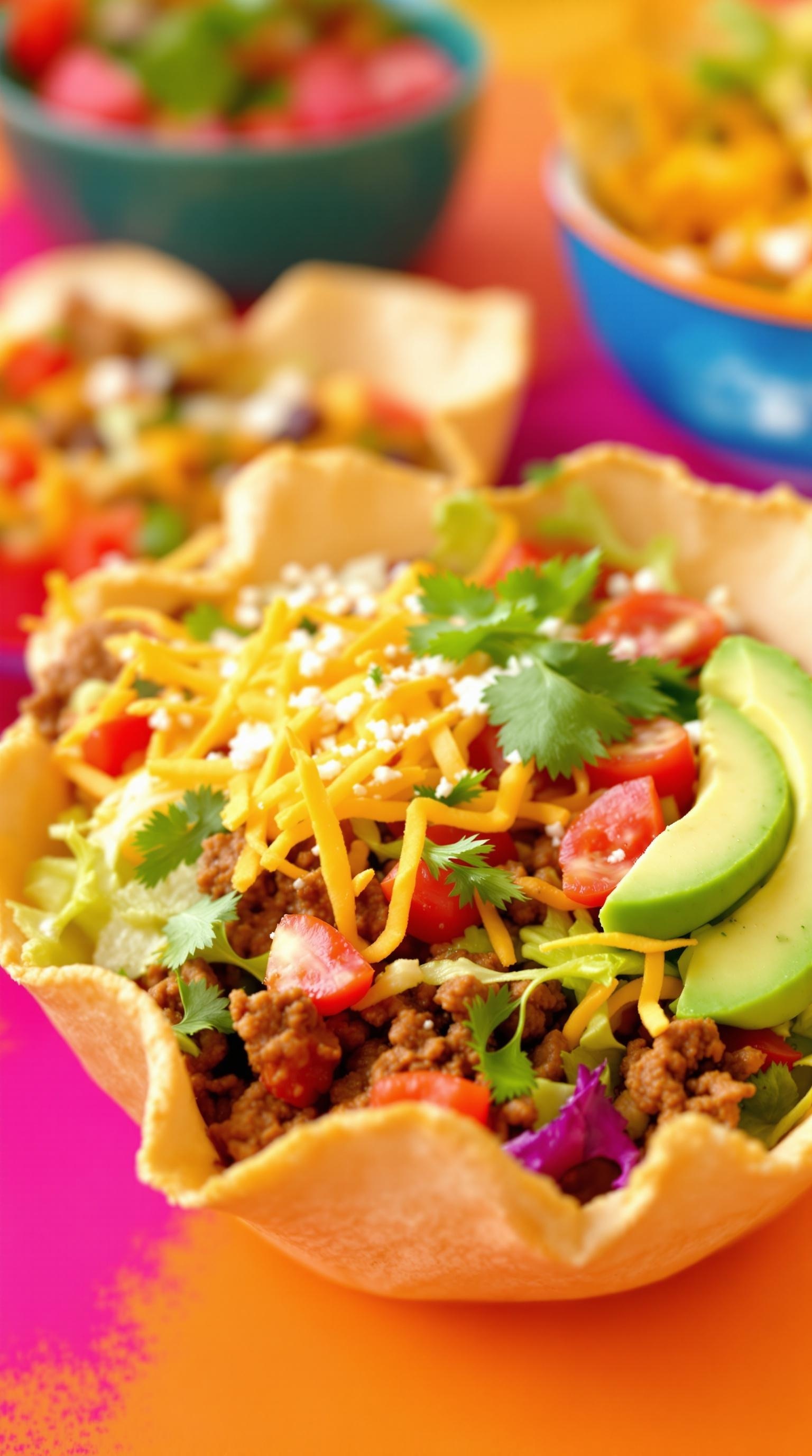 A colorful Tangy Beef Taco Salad in a crispy taco bowl, topped with ground beef, lettuce, tomatoes, cheese, avocado, and cilantro.