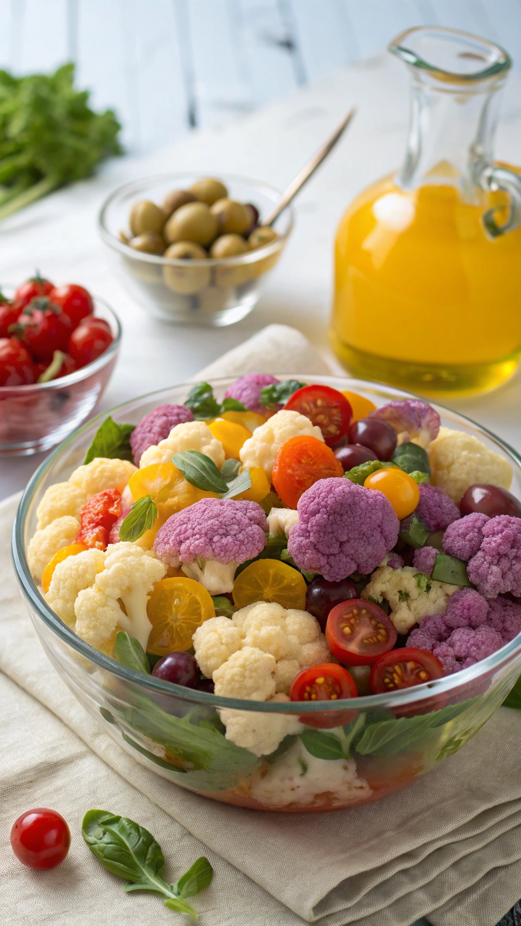 A colorful bowl of tangy cauliflower salad with cherry tomatoes and olives, garnished with fresh basil.
