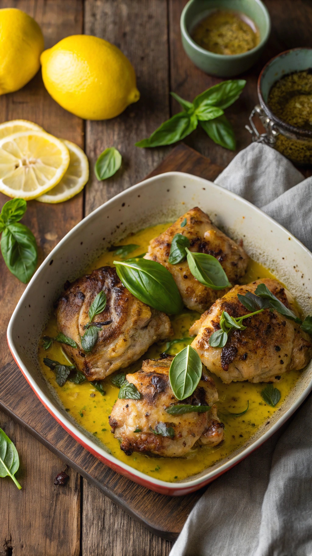 A dish of Tangy Lemon Basil Chicken Thighs garnished with fresh basil and lemon slices.