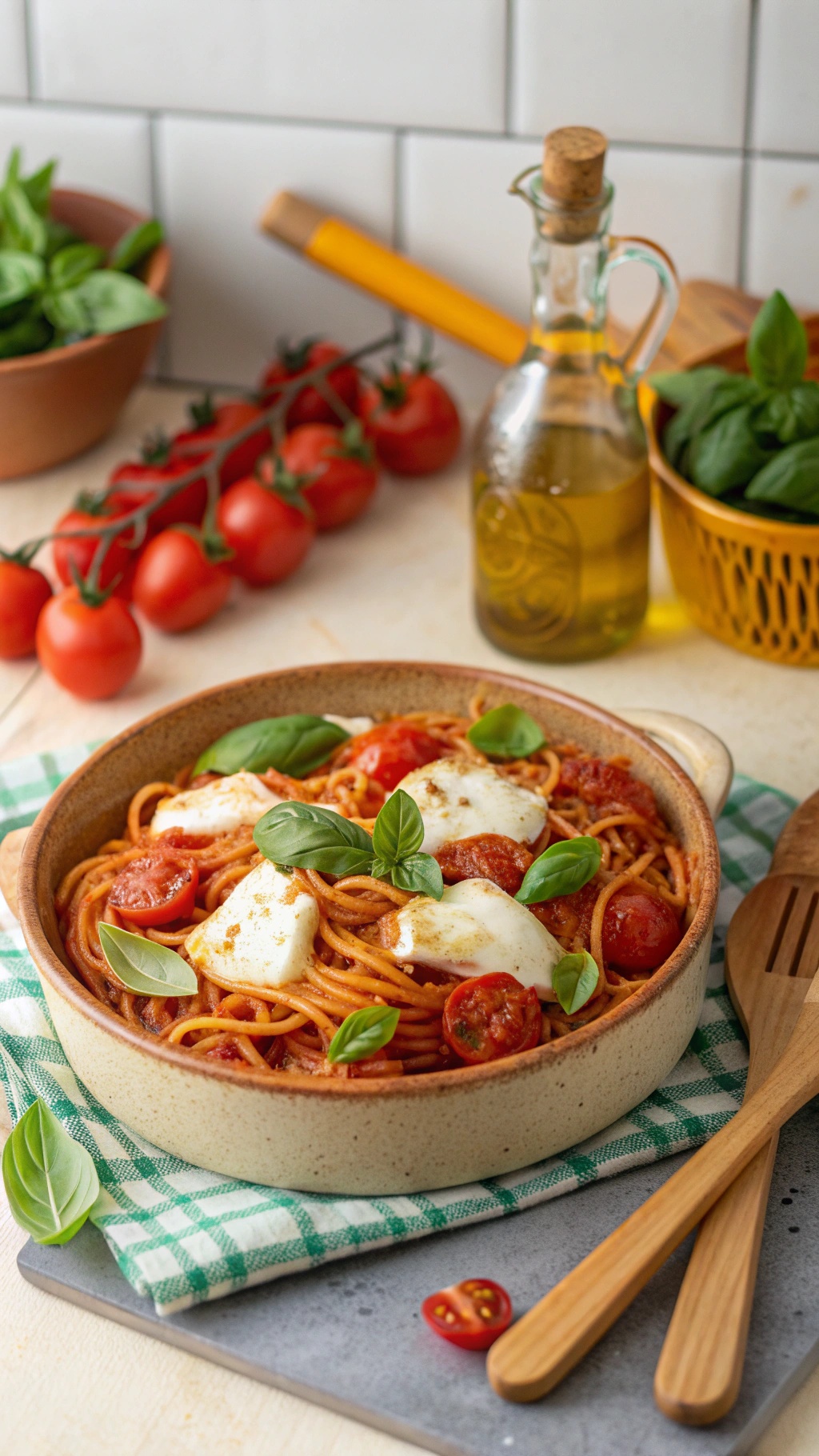 A bowl of Tangy One-Pot Tomato and Mozzarella Spaghetti with fresh basil and cherry tomatoes.