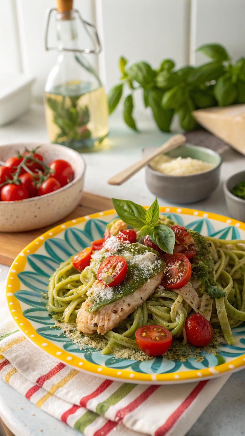 A plate of Tangy Pesto Chicken served with green pasta and cherry tomatoes, garnished with fresh basil.