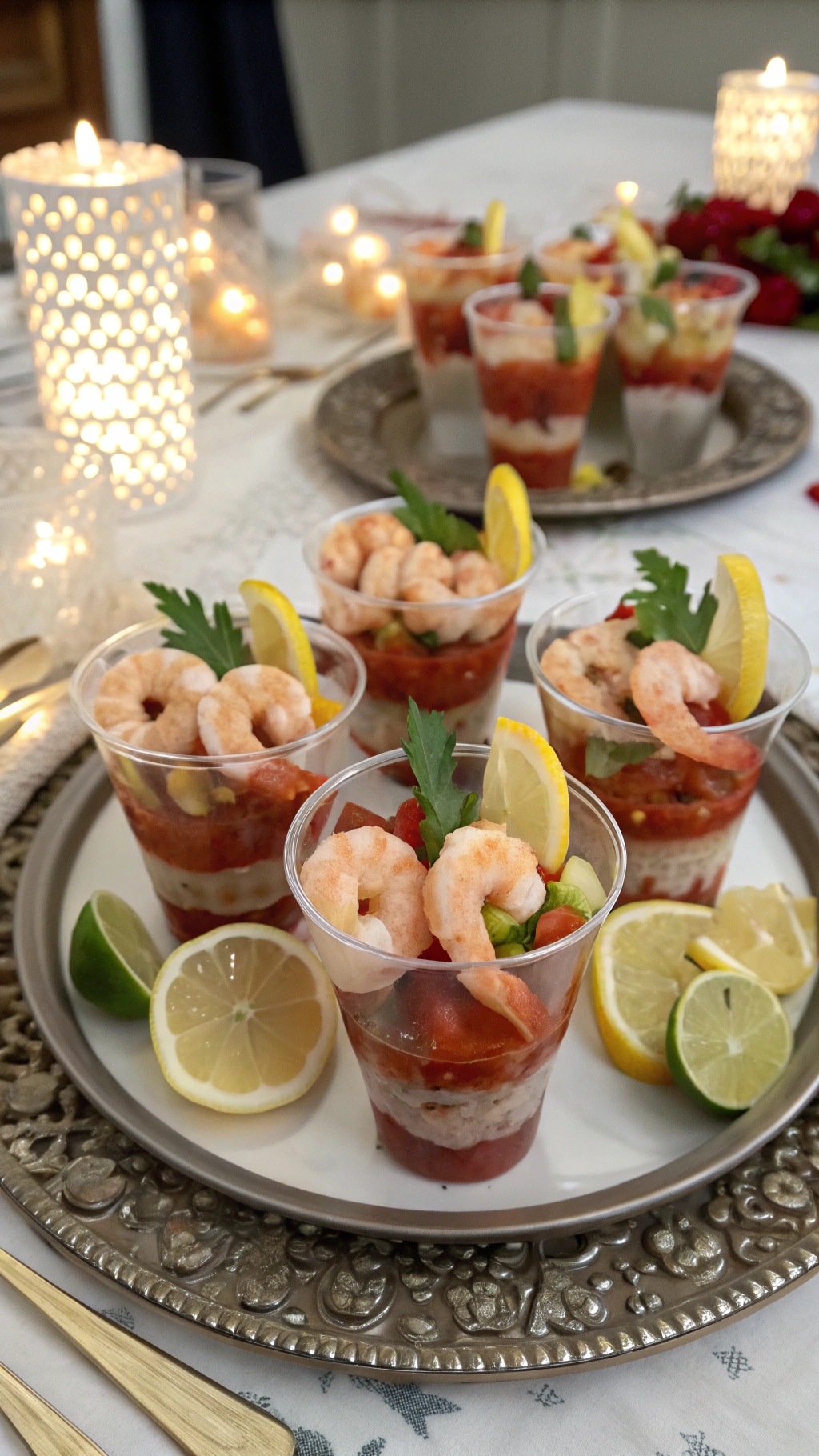 Tangy shrimp cocktail served in individual cups with lemon wedges and parsley garnish.