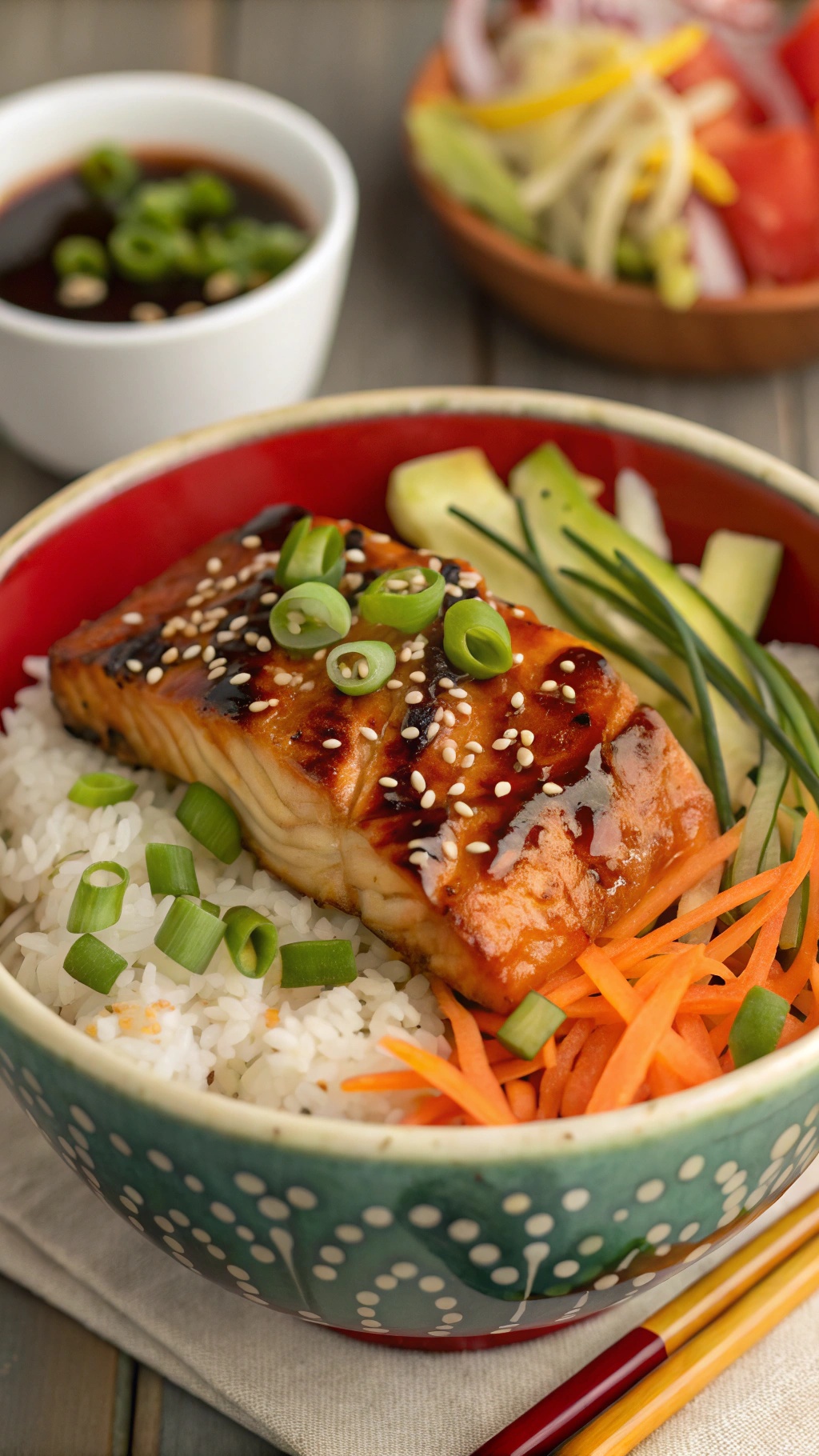 A colorful Tangy Teriyaki Salmon Rice Bowl with salmon, rice, and fresh vegetables.