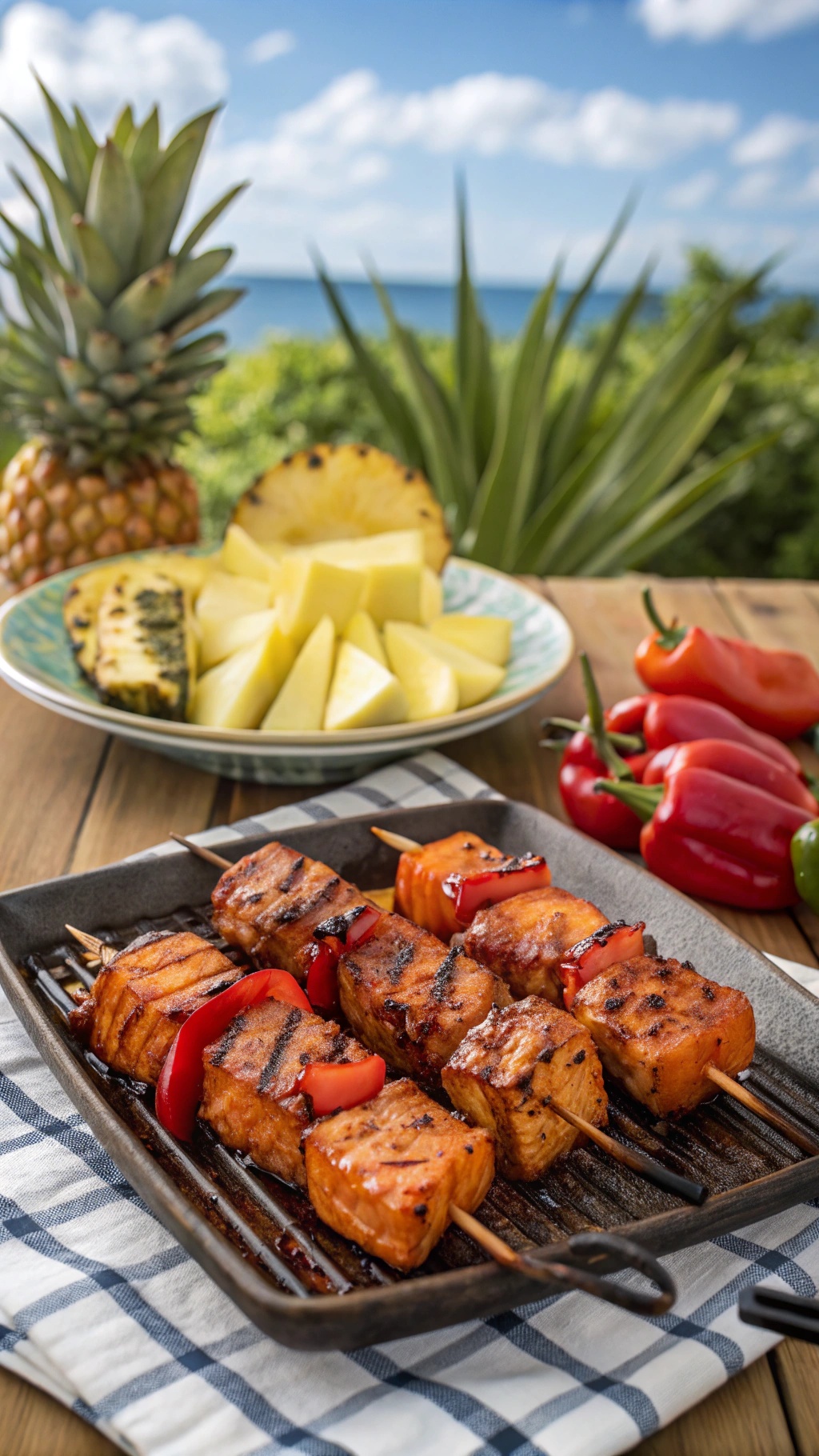 Grilled salmon skewers with red peppers and pineapple on a grill, with a tropical background.