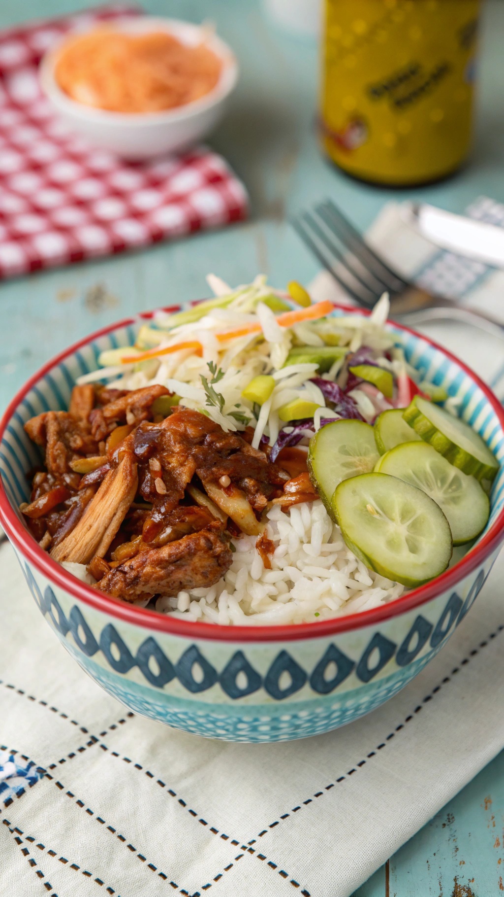 A colorful BBQ chicken rice bowl with shredded chicken, rice, and fresh vegetables.