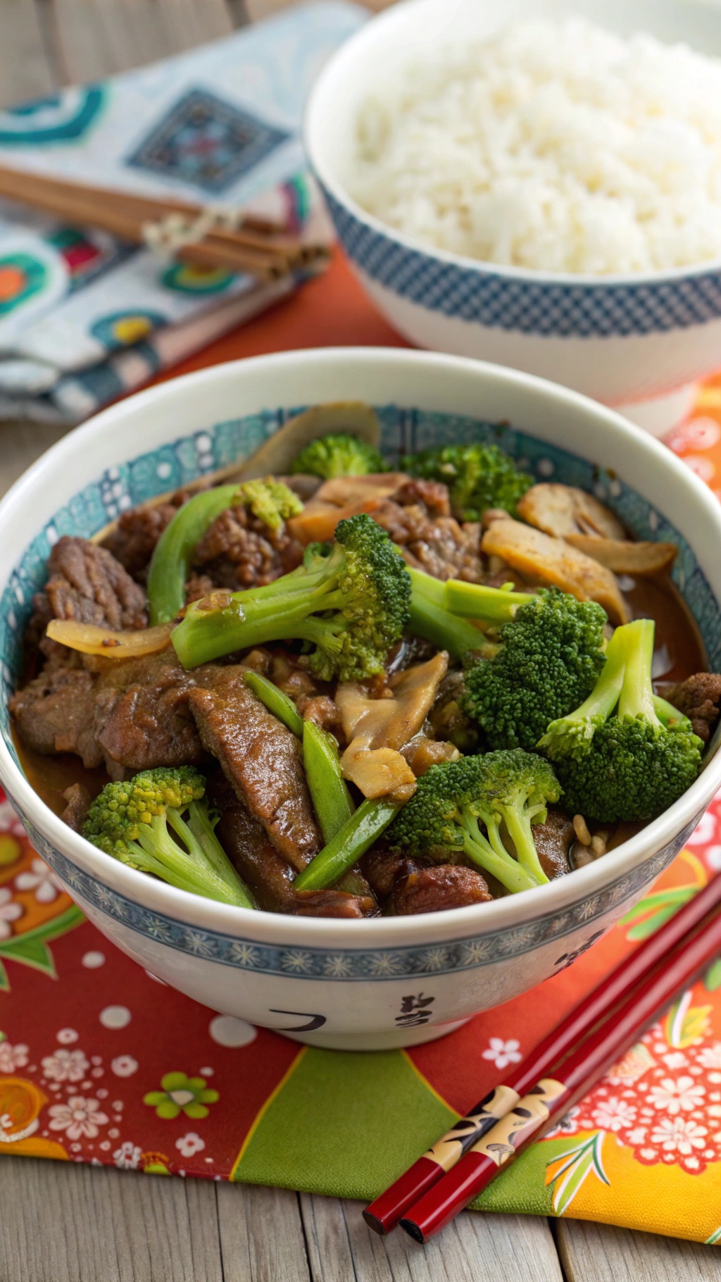 A bowl of beef and broccoli stir-fry with vibrant green broccoli, tender beef slices, and colorful bell peppers, served with a side of rice.