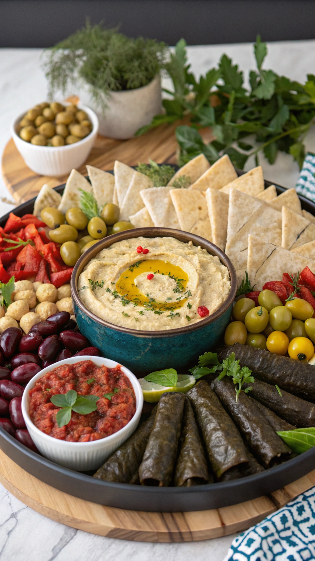 A colorful Mediterranean mezze platter featuring hummus, olives, grape leaves, pita bread, and fresh vegetables.