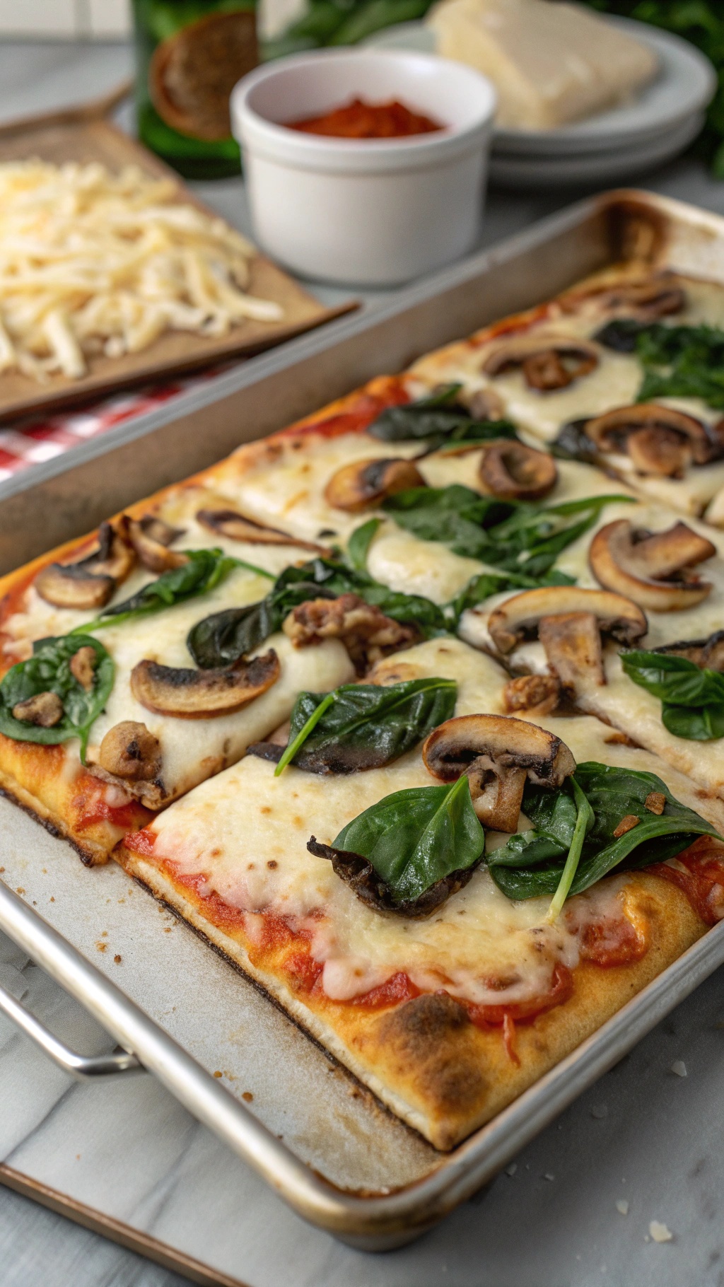 A delicious mushroom and spinach pizza bake on a sheet pan, topped with melted cheese and fresh ingredients.