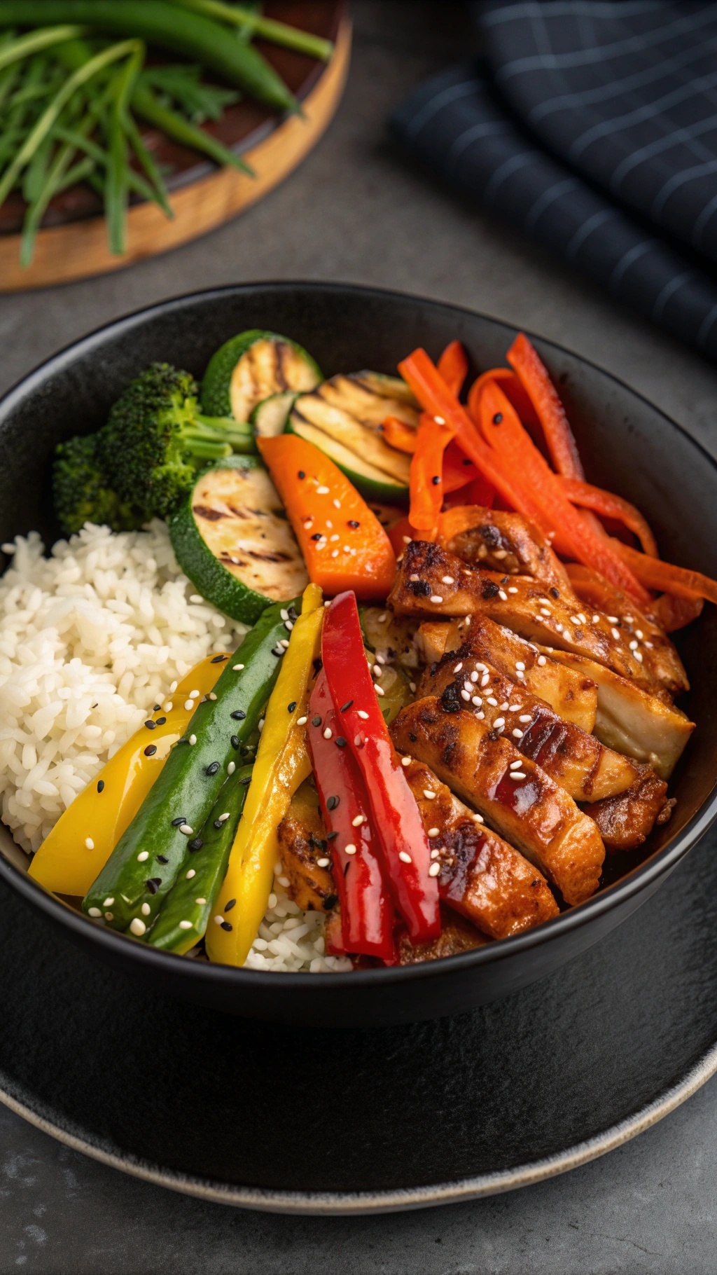 A delicious Teriyaki Chicken Bowl with colorful vegetables and rice.