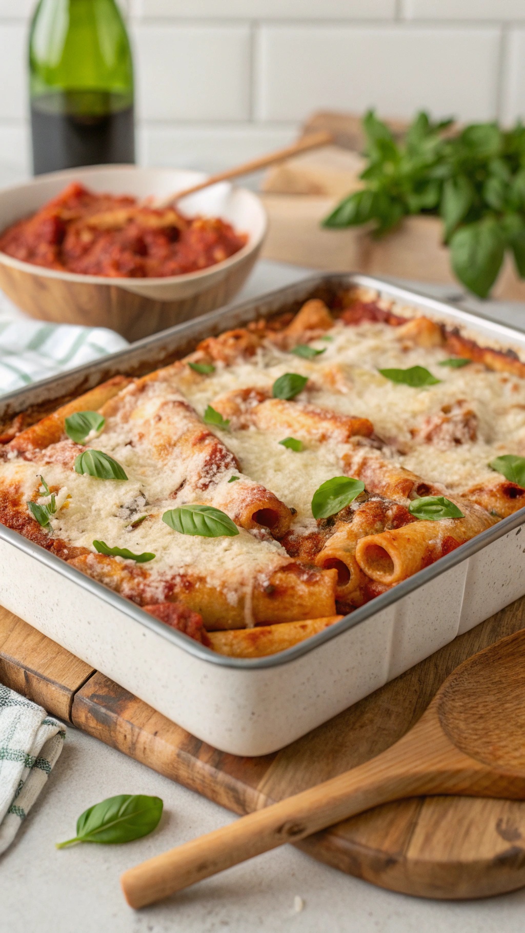 A delicious sheet pan of cheesy baked ziti topped with fresh basil leaves, served with marinara sauce on the side.