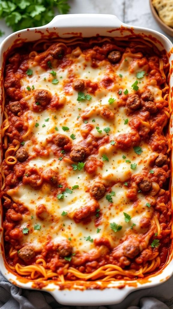 A delicious vegan sausage lasagna topped with fresh herbs and melted cheese.
