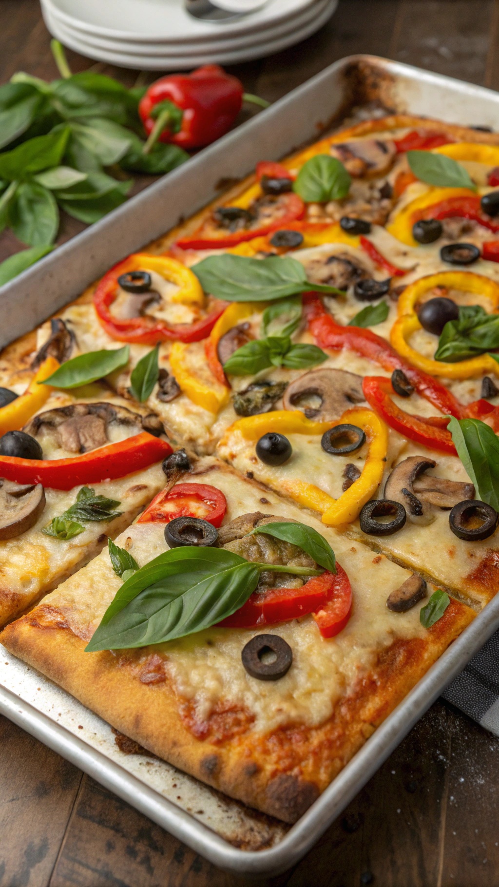 A sheet pan veggie pizza topped with bell peppers, mushrooms, olives, and fresh basil.