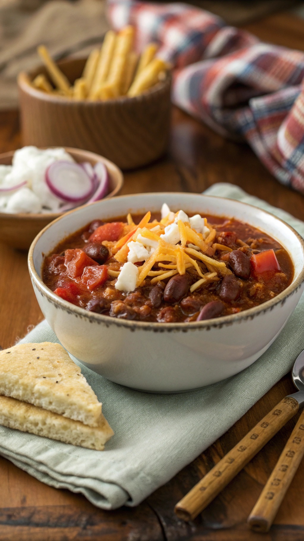 A bowl of low-calorie chili topped with cheese and served with bread.