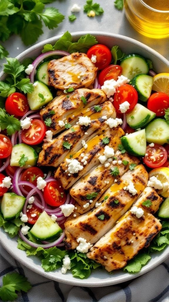 A vibrant Greek Chicken Bowl with grilled chicken, cherry tomatoes, cucumbers, red onions, and feta cheese.