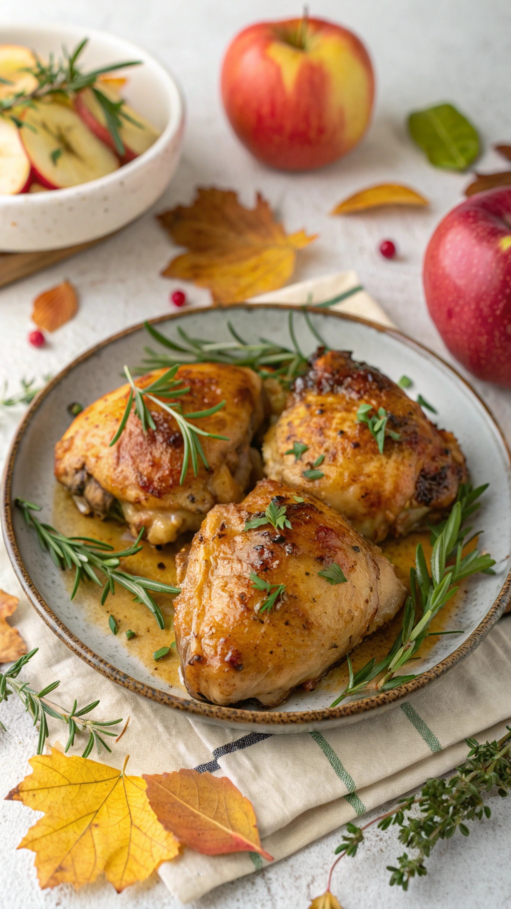 Apple Cider Glazed Chicken Thighs with fresh herbs and autumn leaves