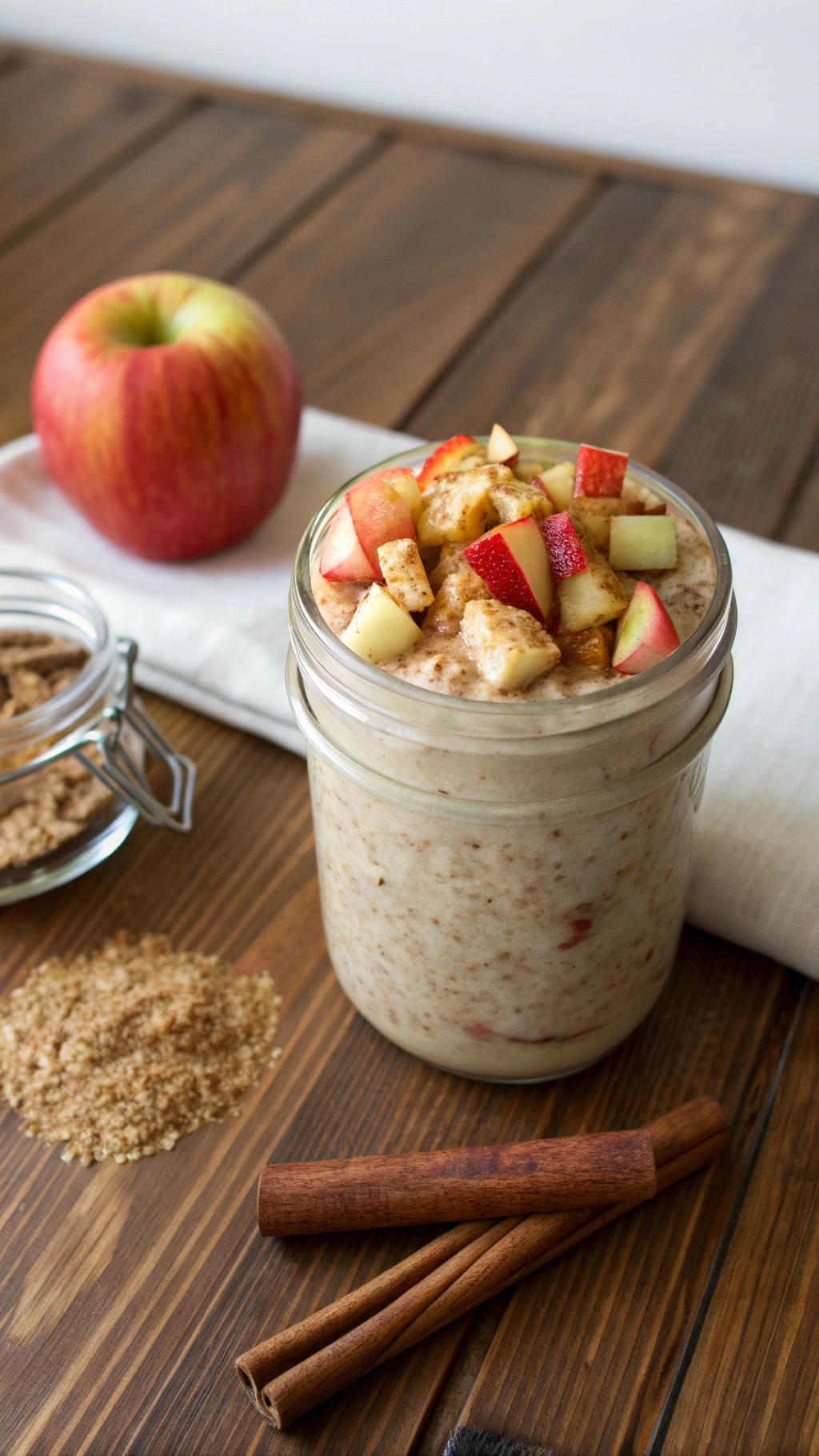 A jar of apple cinnamon overnight oats topped with fresh apple pieces, brown sugar, and cinnamon sticks on a wooden table.