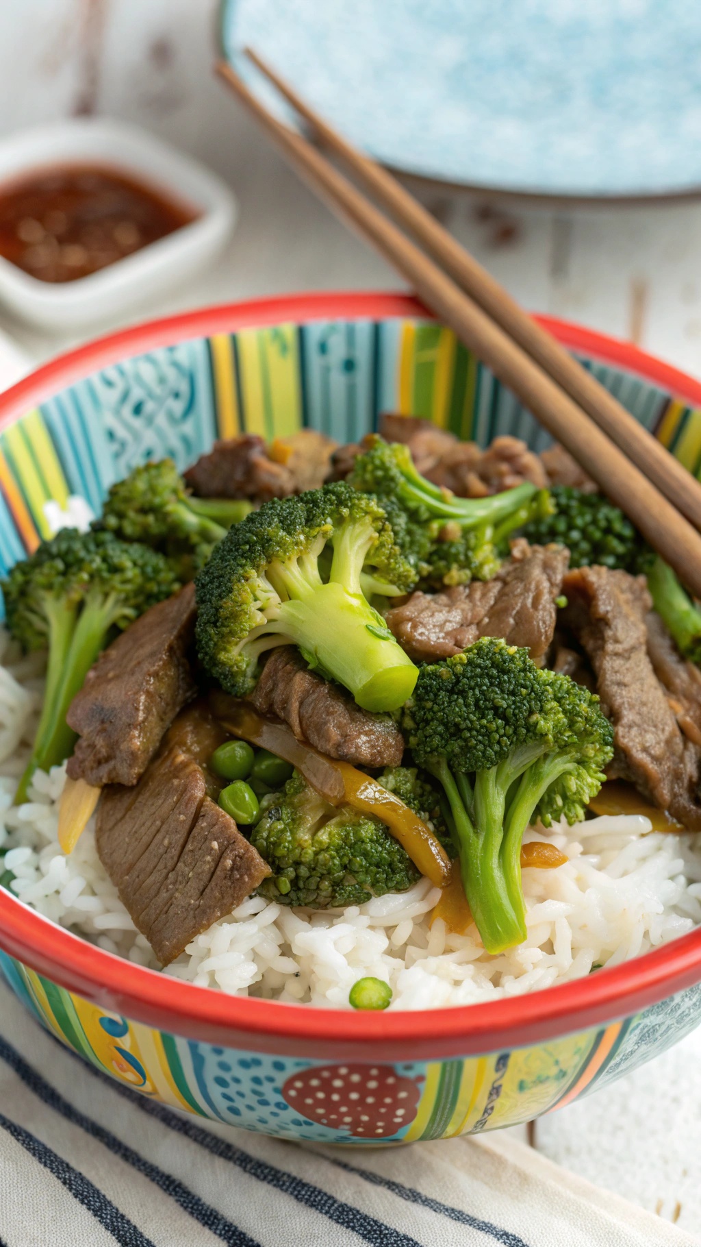 A colorful bowl of beef and broccoli stir-fry served over rice with chopsticks