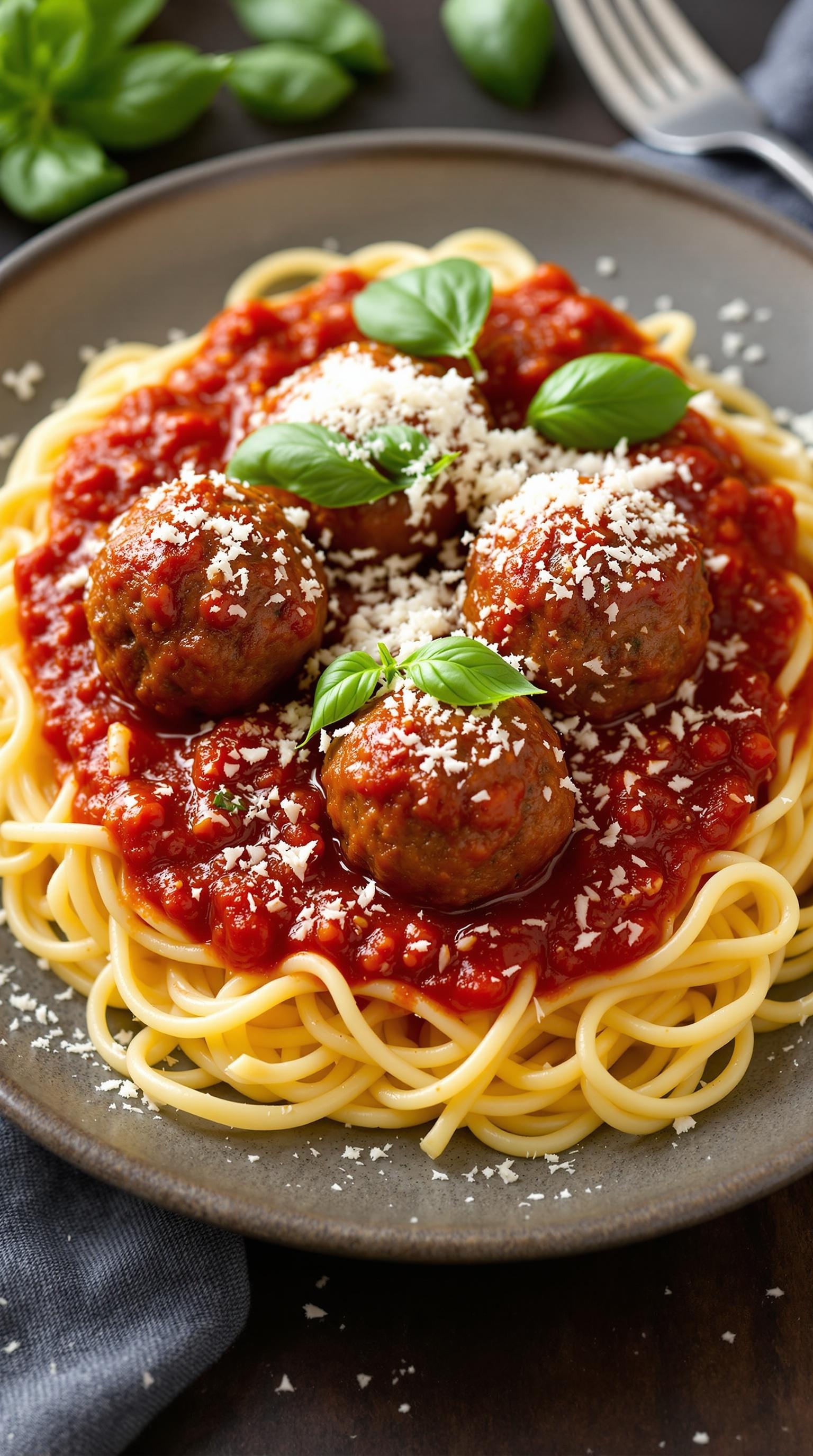 Plate of beef meatballs in marinara sauce served over spaghetti with basil garnish