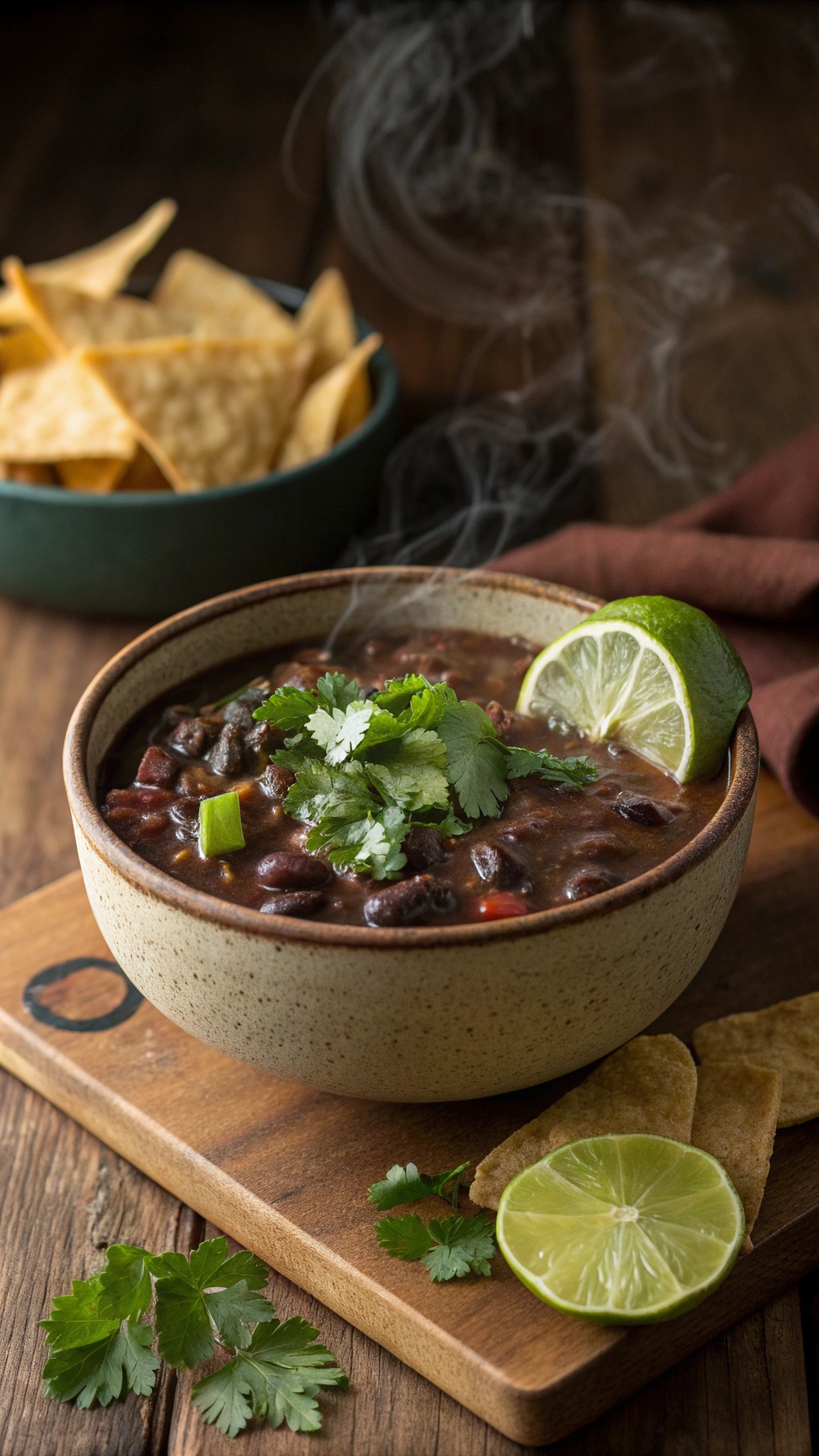 A bowl of black bean soup garnished with cilantro and lime, served with tortilla chips.