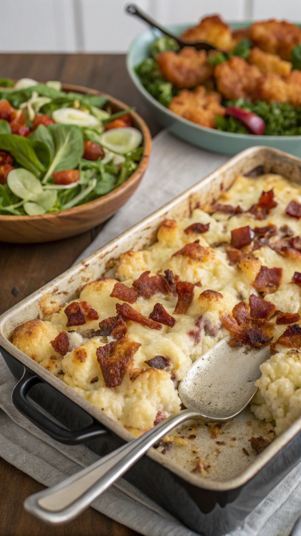 A delicious cauliflower and bacon casserole topped with crispy bacon, served alongside a fresh salad.