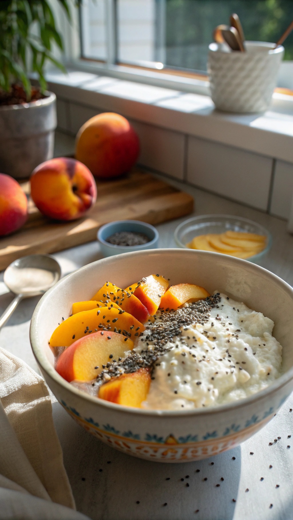 A bowl of cottage cheese topped with peach slices and chia seeds, with fresh peaches in the background.