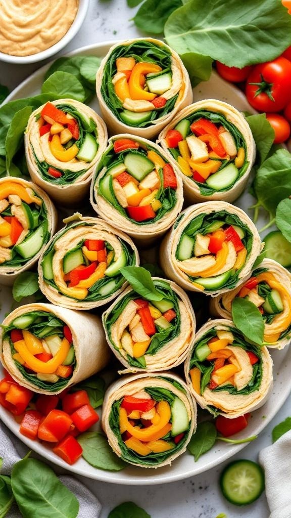 Colorful hummus and veggie wraps arranged on a plate with fresh vegetables.