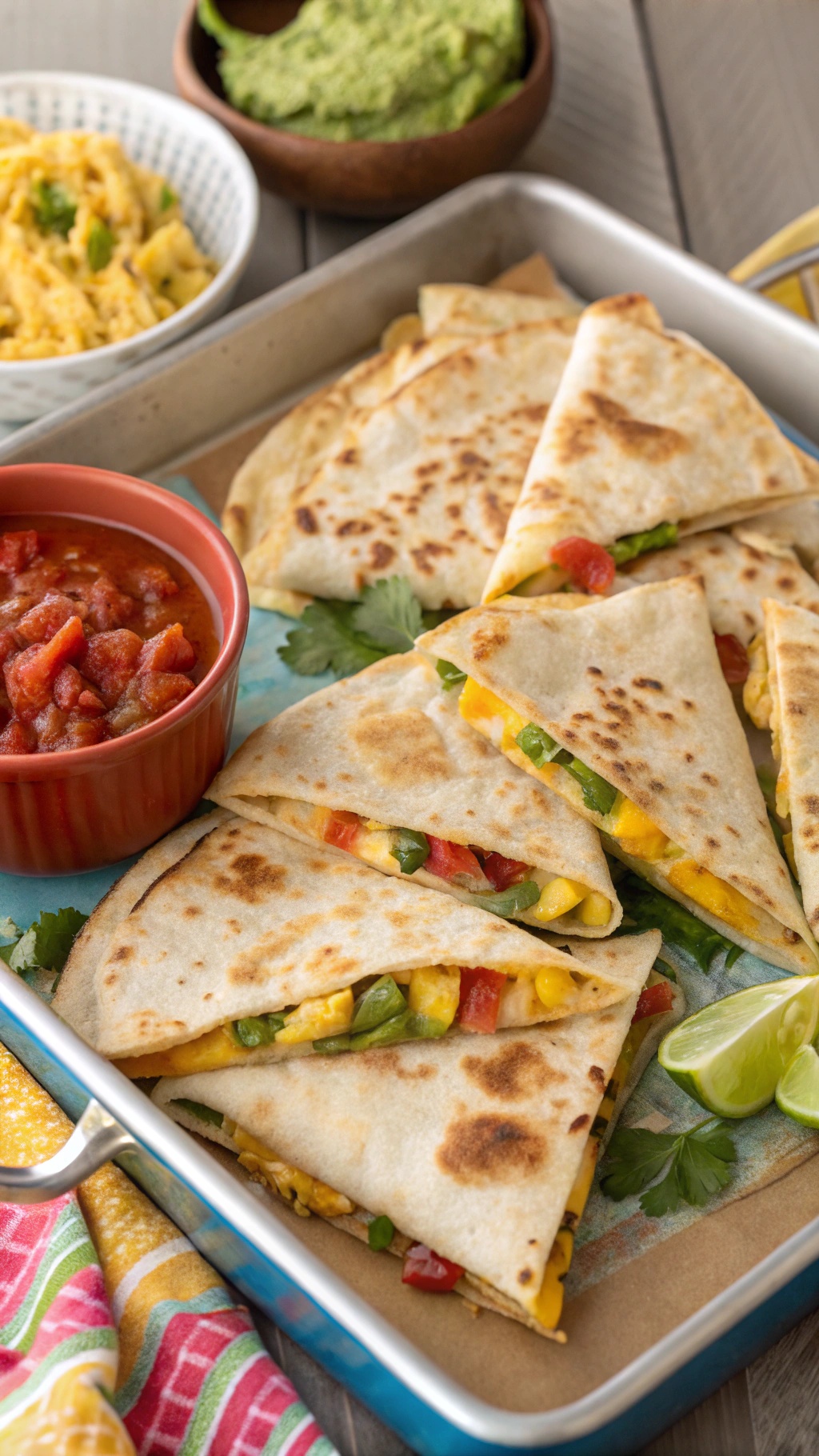 Sheet pan breakfast quesadillas with salsa and guacamole