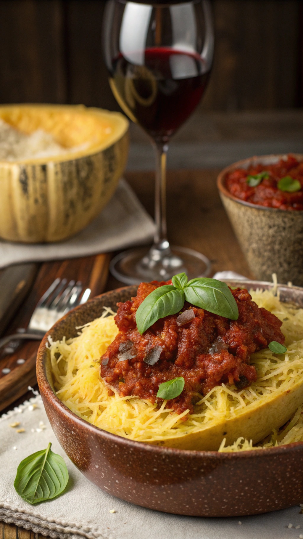A bowl of spaghetti squash topped with marinara sauce and fresh basil, with a glass of red wine in the background.