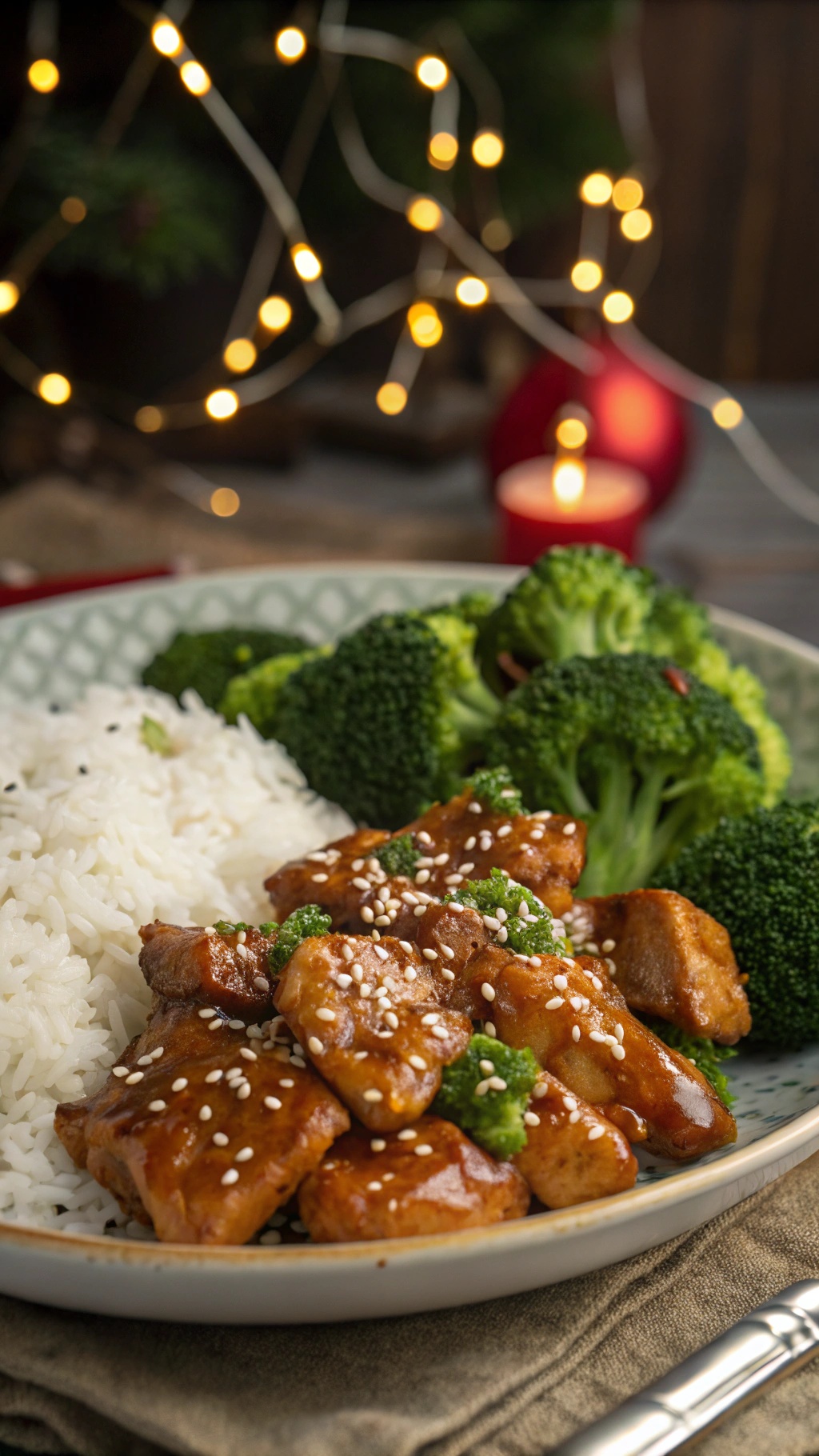 A plate of teriyaki chicken with rice and broccoli, decorated with sesame seeds.