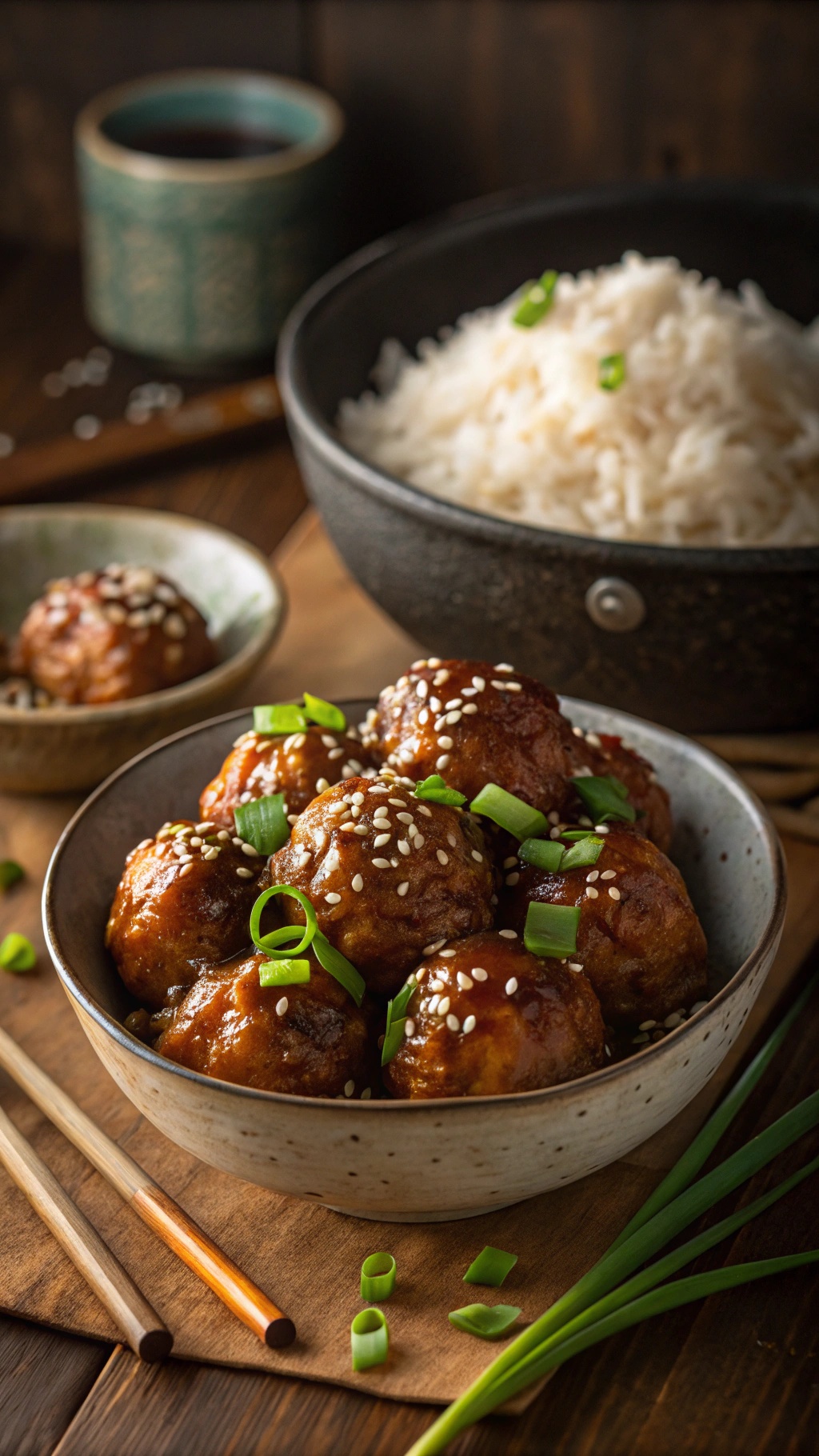 A bowl of teriyaki turkey meatballs garnished with green onions and sesame seeds, served with a side of white rice.