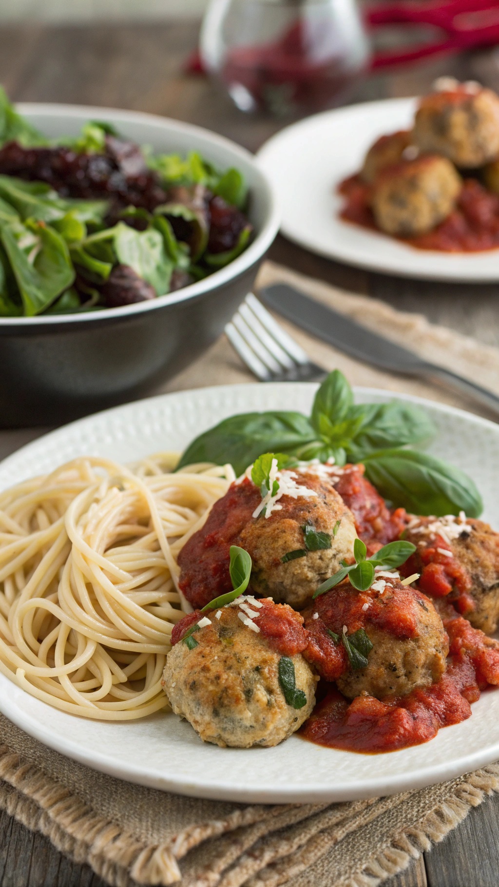 Plate of turkey and spinach meatballs with spaghetti and salad