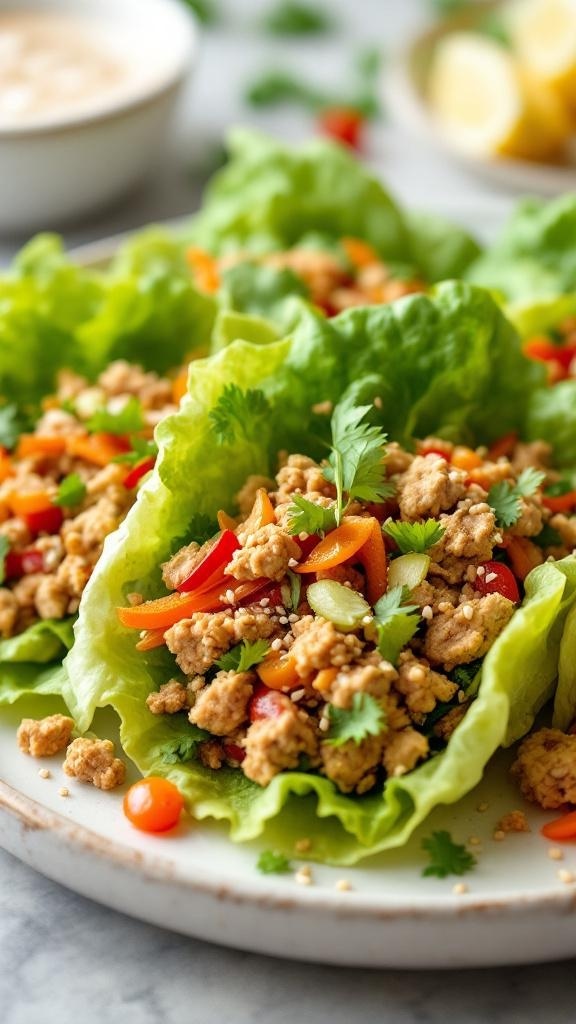 A plate of turkey lettuce wraps filled with ground turkey, colorful vegetables, and garnished with herbs.