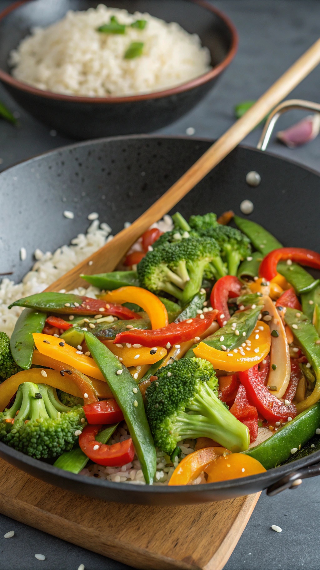 A colorful vegetable stir-fry with broccoli, bell peppers, and snap peas in a wok, served with rice.
