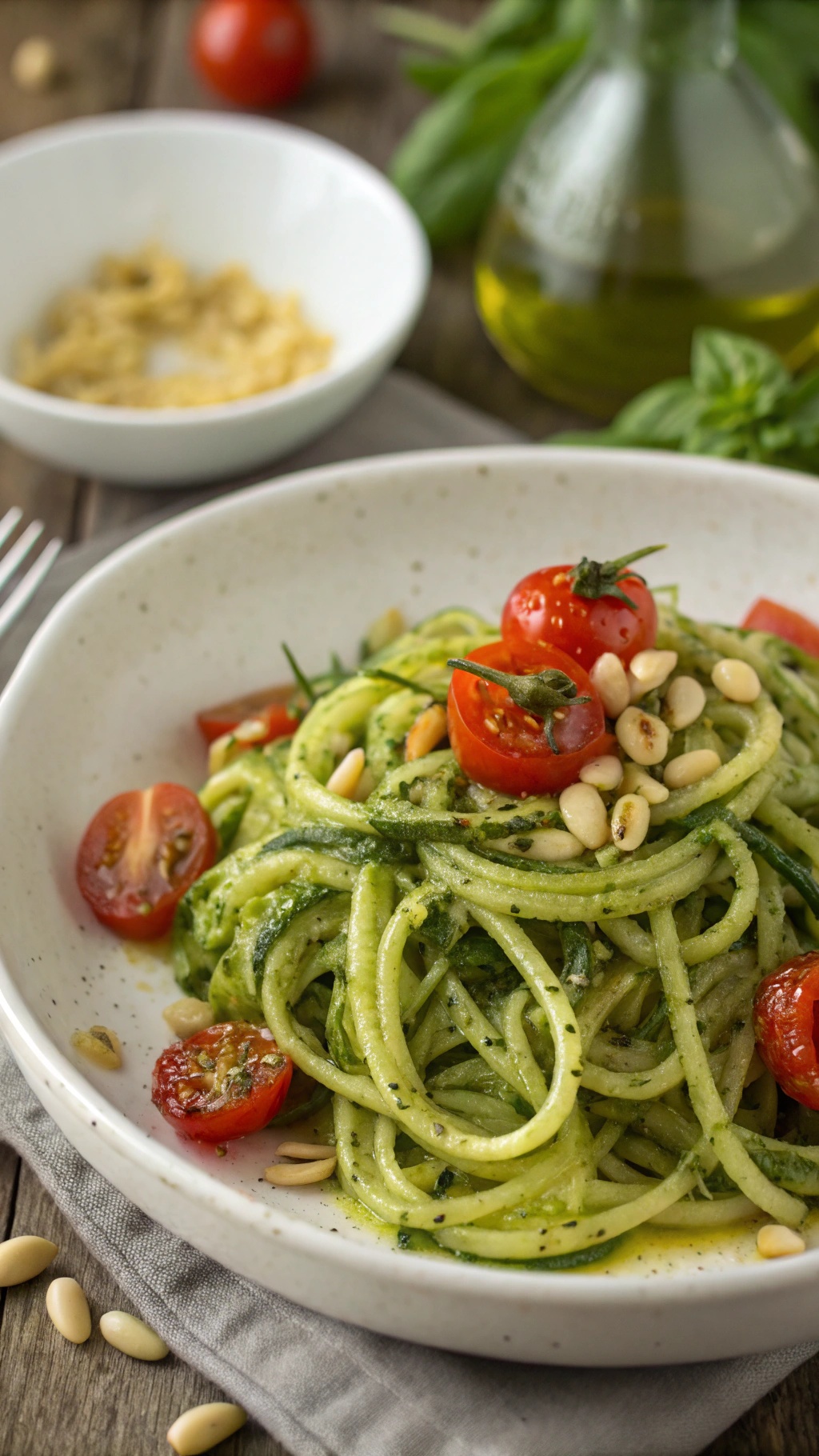 A bowl of zucchini noodles with pesto, topped with cherry tomatoes and pine nuts.