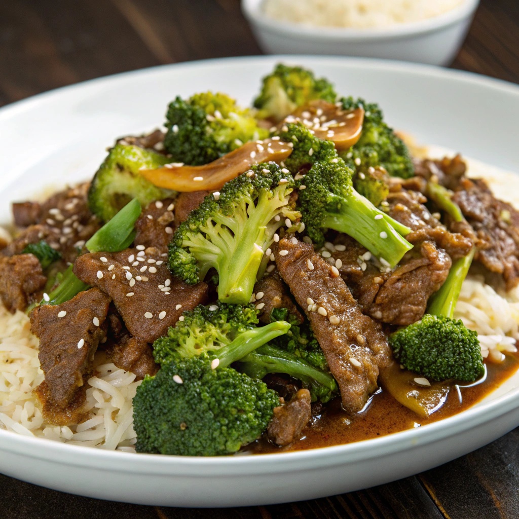 A delicious plate of tender beef and broccoli served over rice, garnished with sesame seeds.