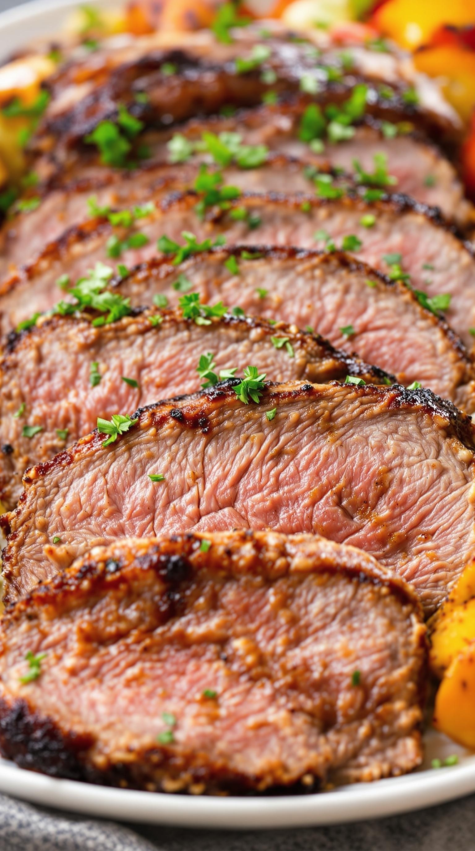 Tender beef brisket garnished with herbs and served with vegetables