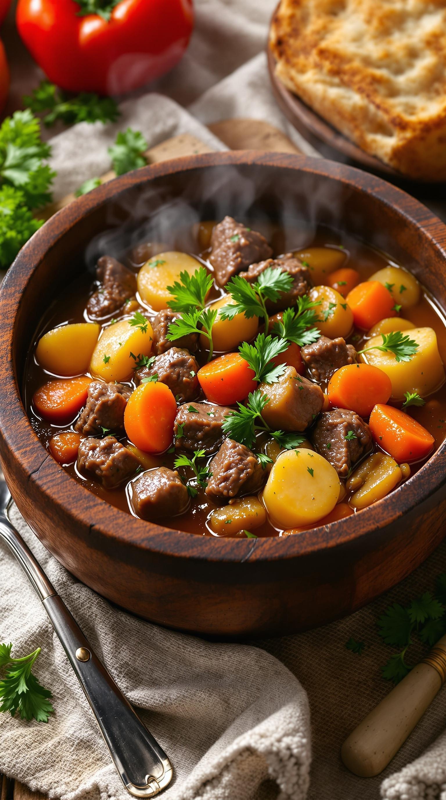 A warm bowl of beef stew with carrots, potatoes, and parsley, served in a wooden bowl.