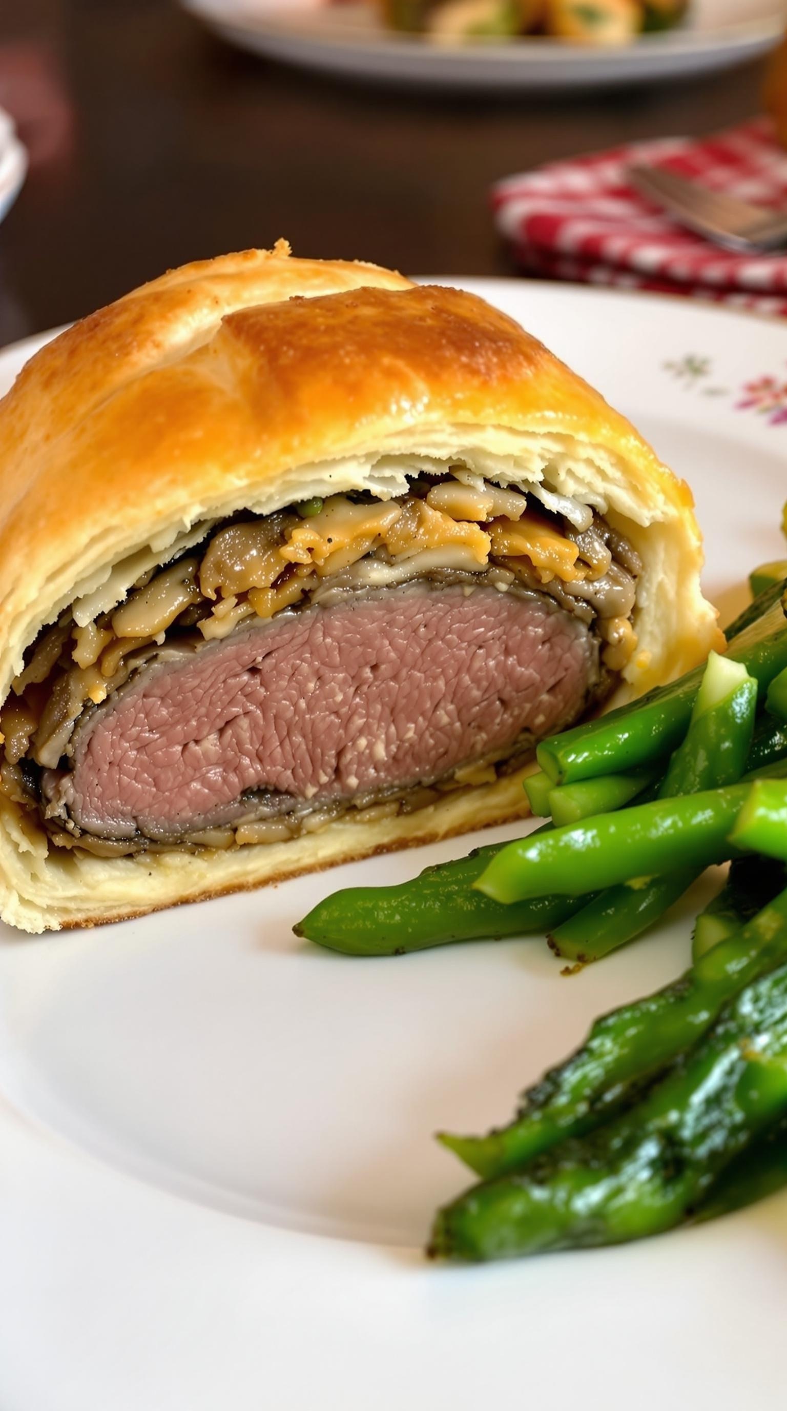 A slice of Beef Wellington with a golden crust, revealing tender beef and mushroom filling, served with green asparagus.