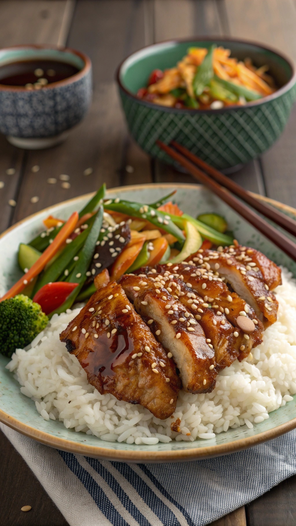 A plate of teriyaki baked chicken served with rice and vegetables, garnished with sesame seeds.
