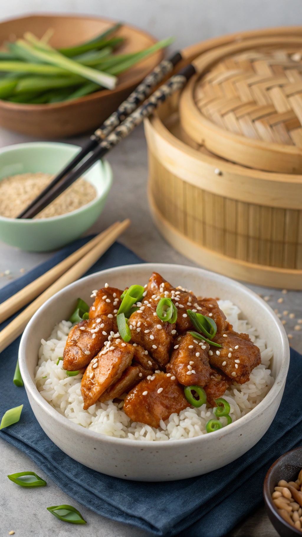 A bowl of teriyaki chicken served over rice, garnished with green onions and sesame seeds.