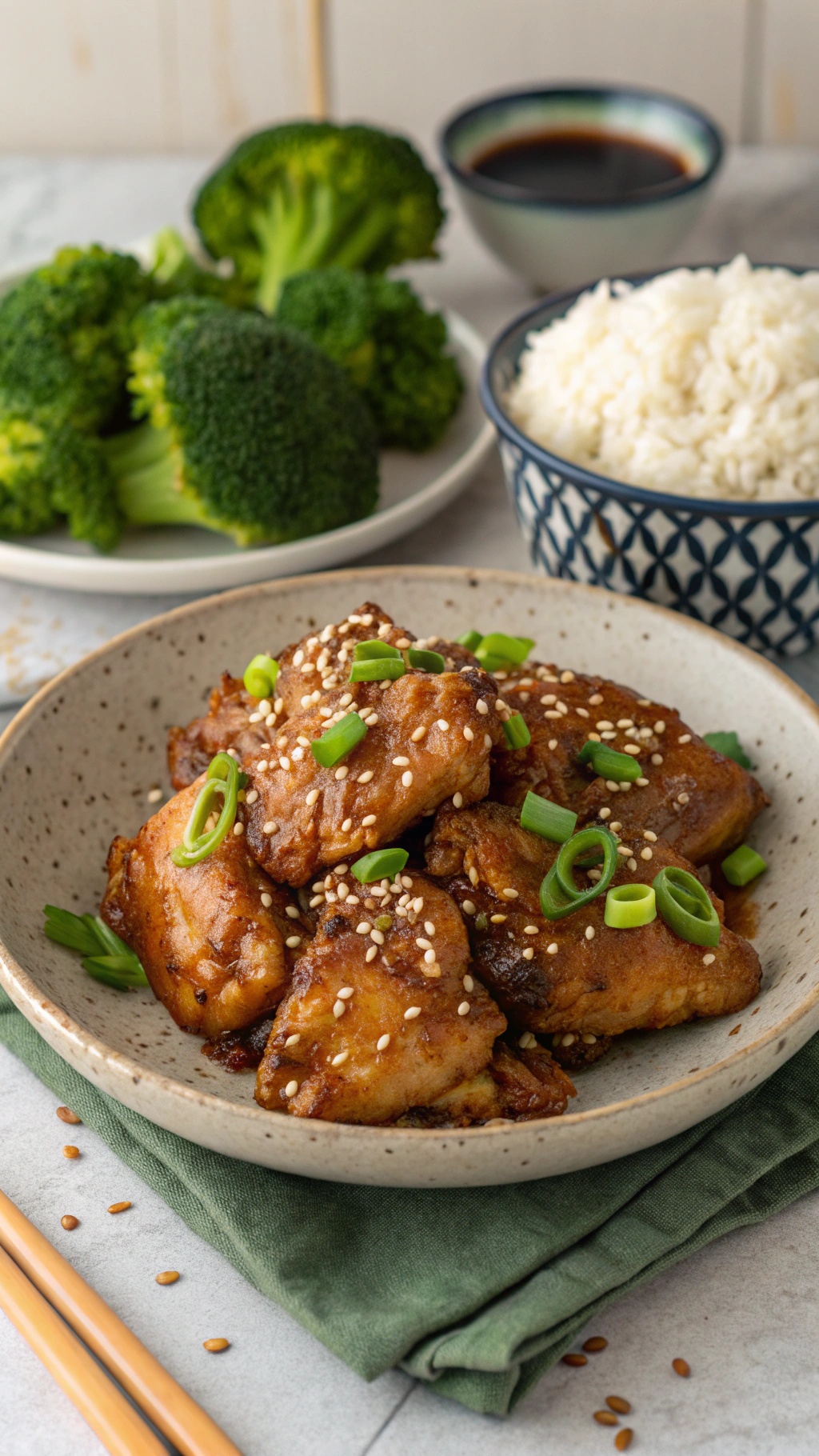 A bowl of teriyaki chicken thighs garnished with green onions and sesame seeds, served with rice and broccoli.