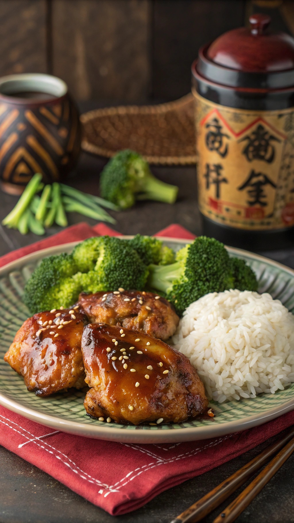 Teriyaki chicken thighs served with broccoli and rice, garnished with sesame seeds.