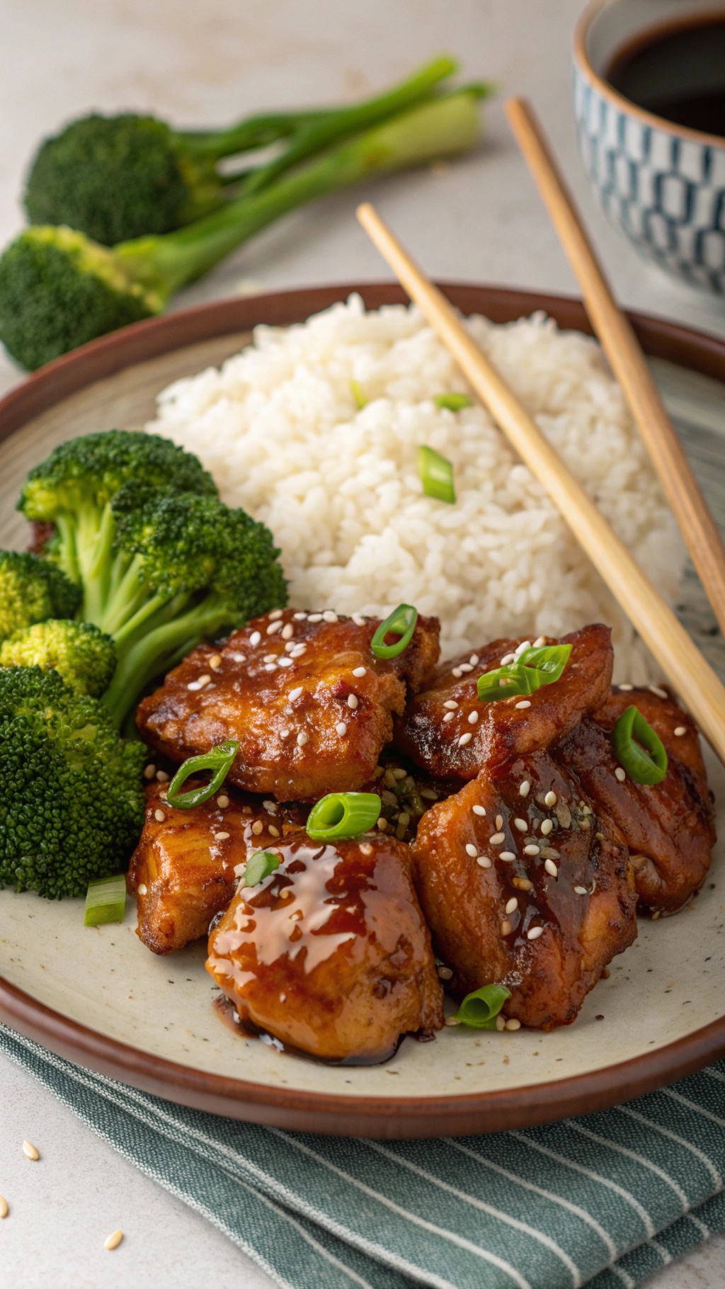 Teriyaki chicken thighs served with rice and broccoli