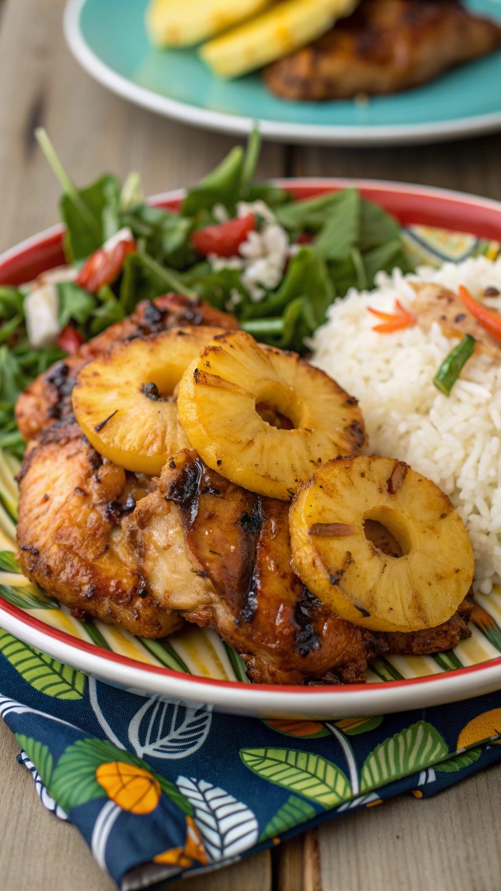 Grilled teriyaki chicken thighs with pineapple rings, served with rice and salad on a colorful plate.