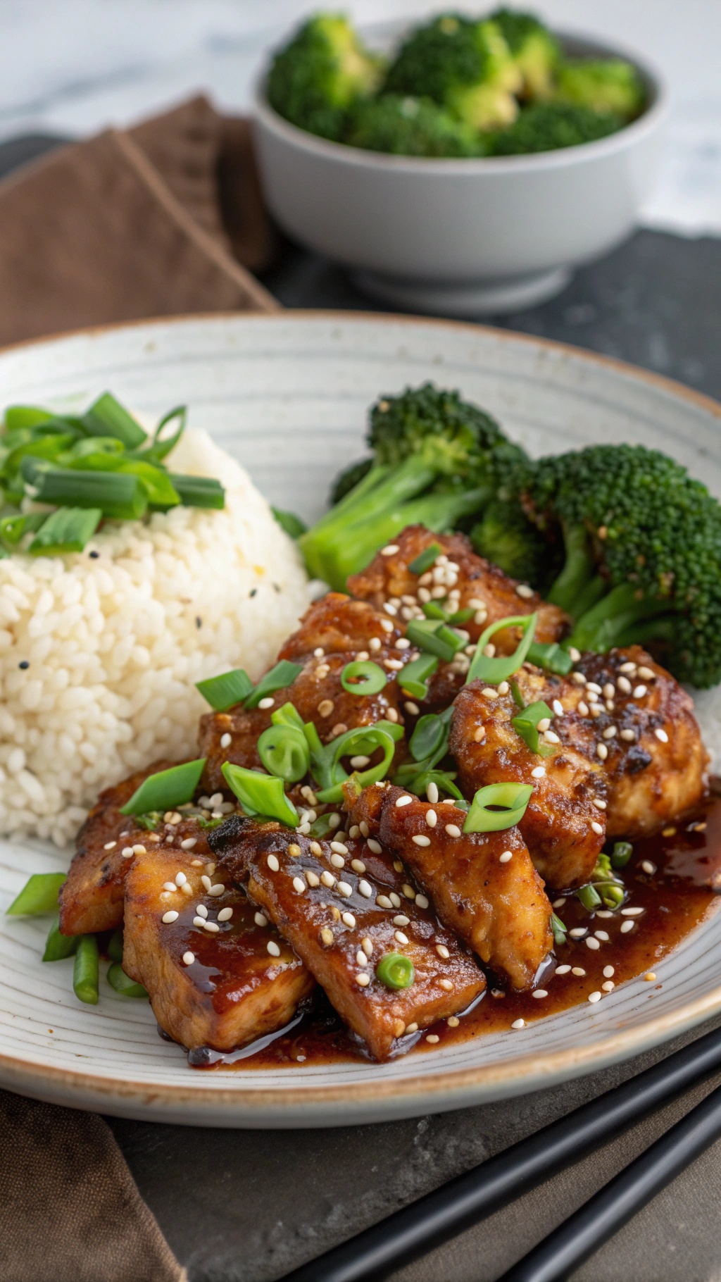 A plate of teriyaki chicken with rice and broccoli, garnished with green onions and sesame seeds.