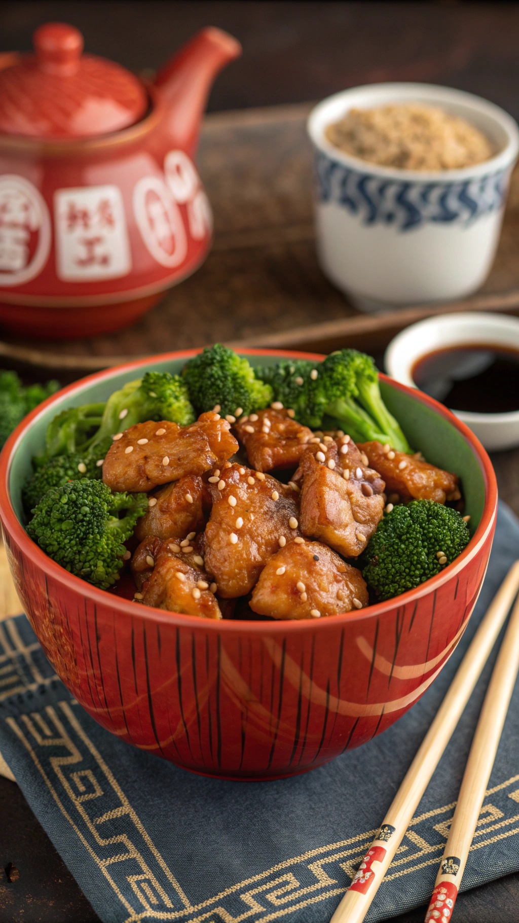 A bowl of Teriyaki Chicken with Broccoli, garnished with sesame seeds and green onions, served with chopsticks.