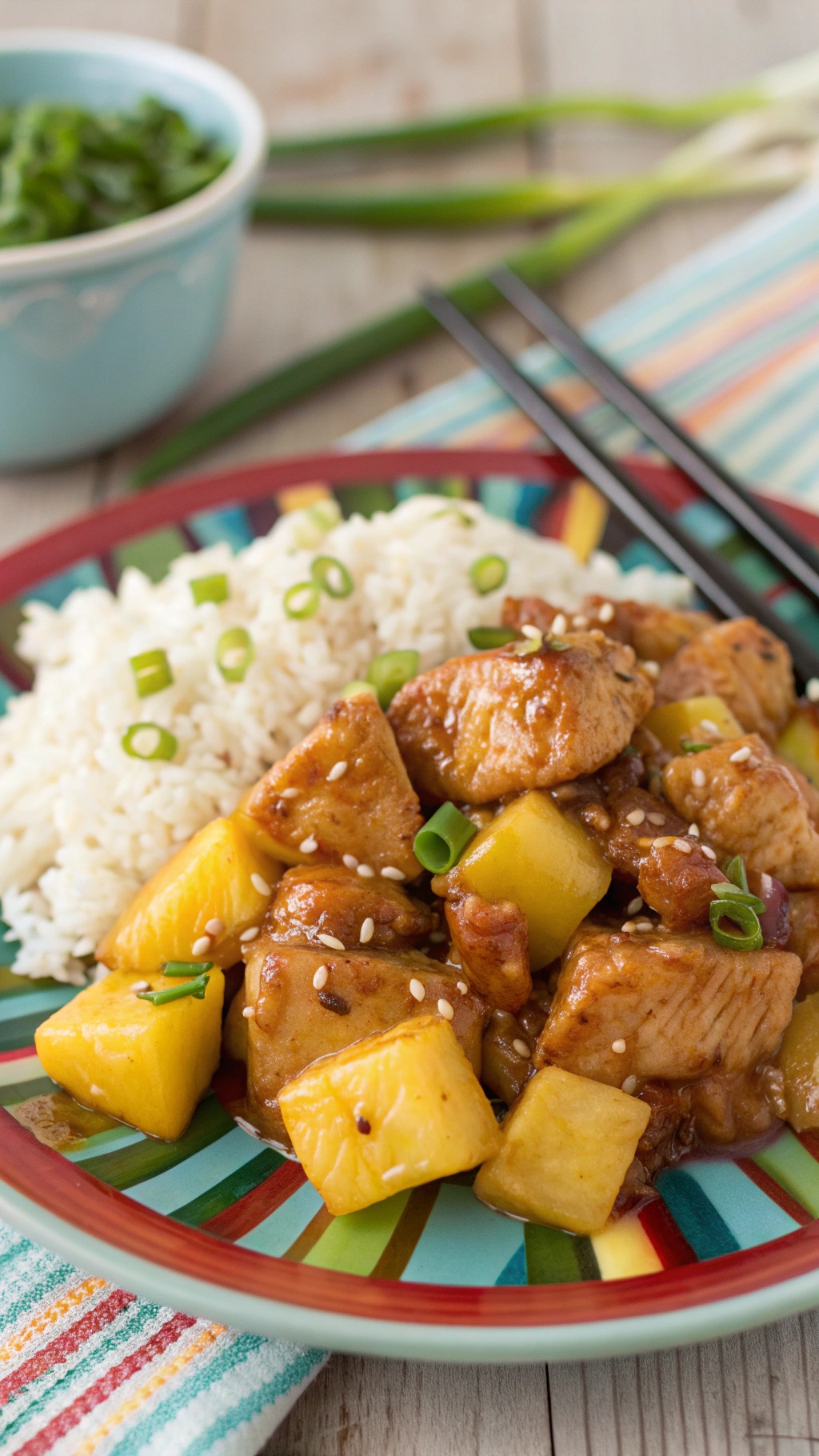 A colorful plate of teriyaki chicken with pineapple, served with rice and garnished with green onions.
