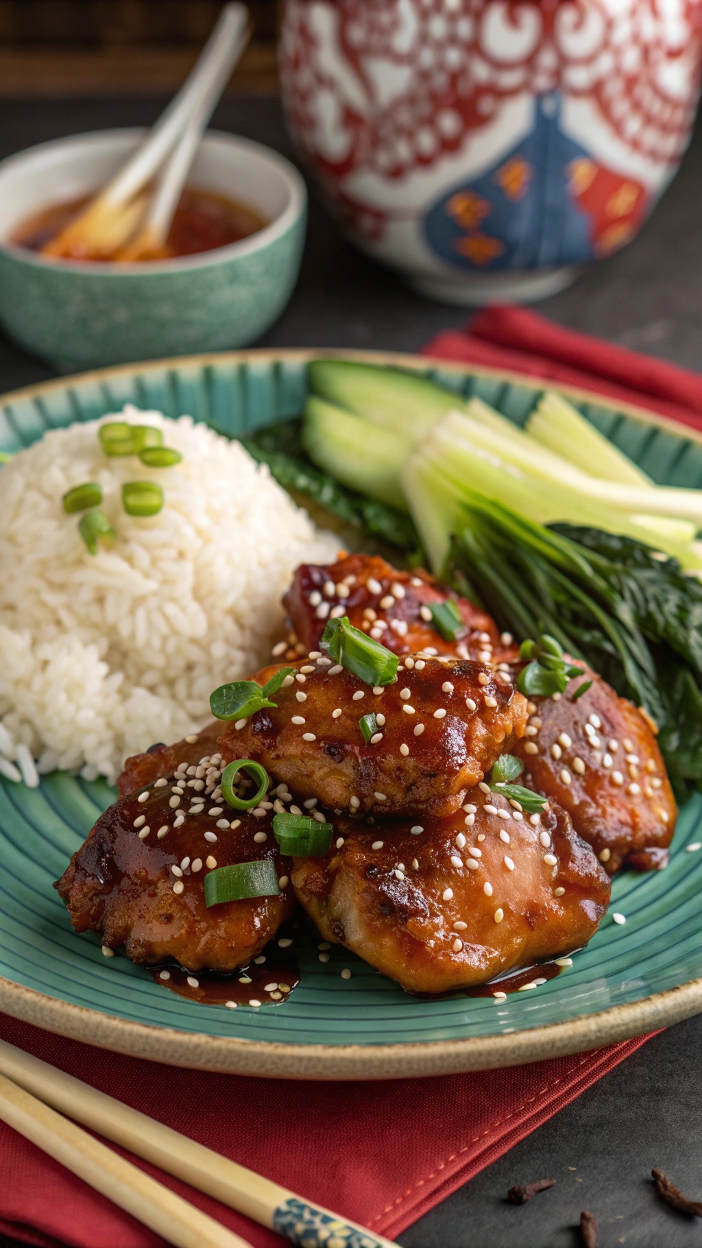 Teriyaki glazed chicken thighs served with rice and vegetables