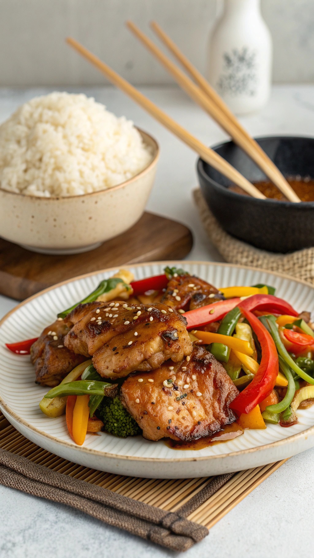 A plate of teriyaki glazed chicken thighs served with stir-fried vegetables and rice.